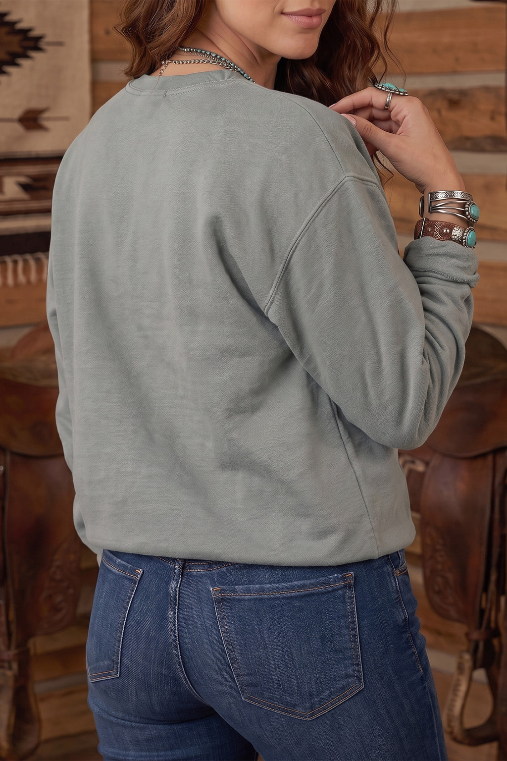 Gray PRAY Letter Patchwork Round Neck Long Sleeve Plus Size Sweatshirt