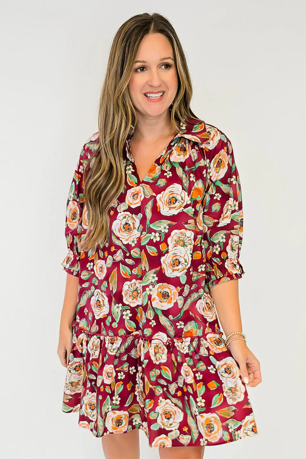Red Floral Print Half Sleeve Short Shift Dress