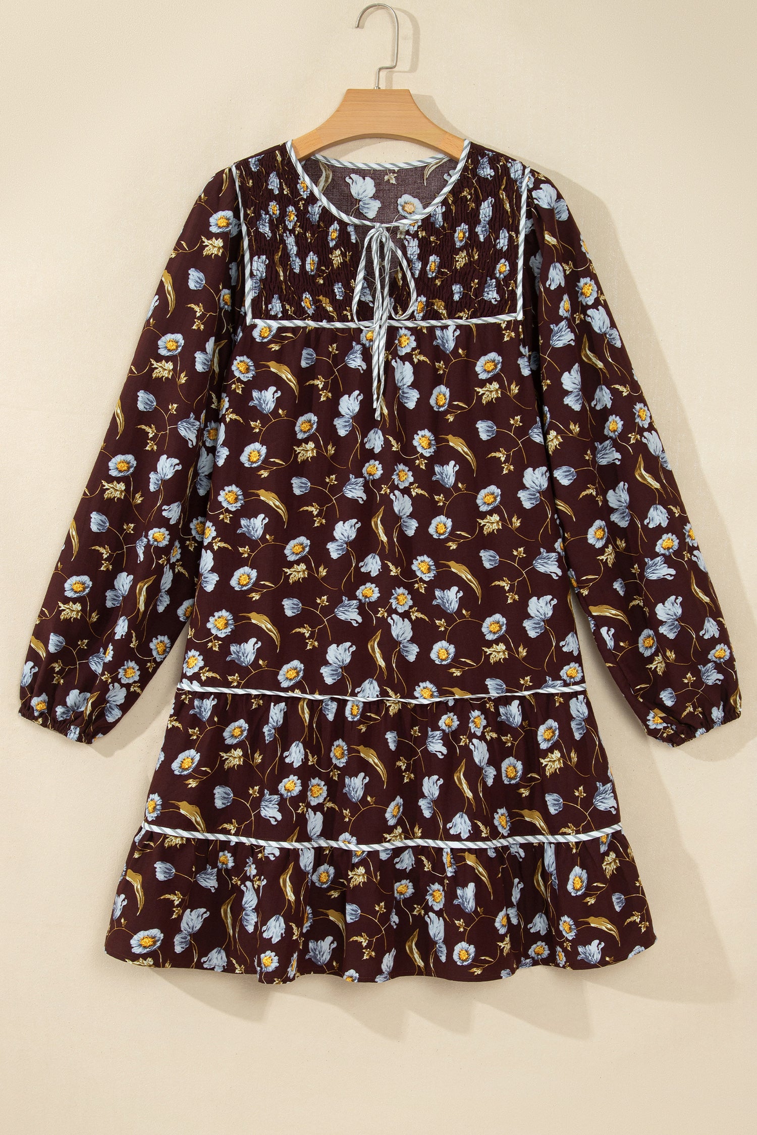 Brown Floral Print Shirred V Neck Shift Dress