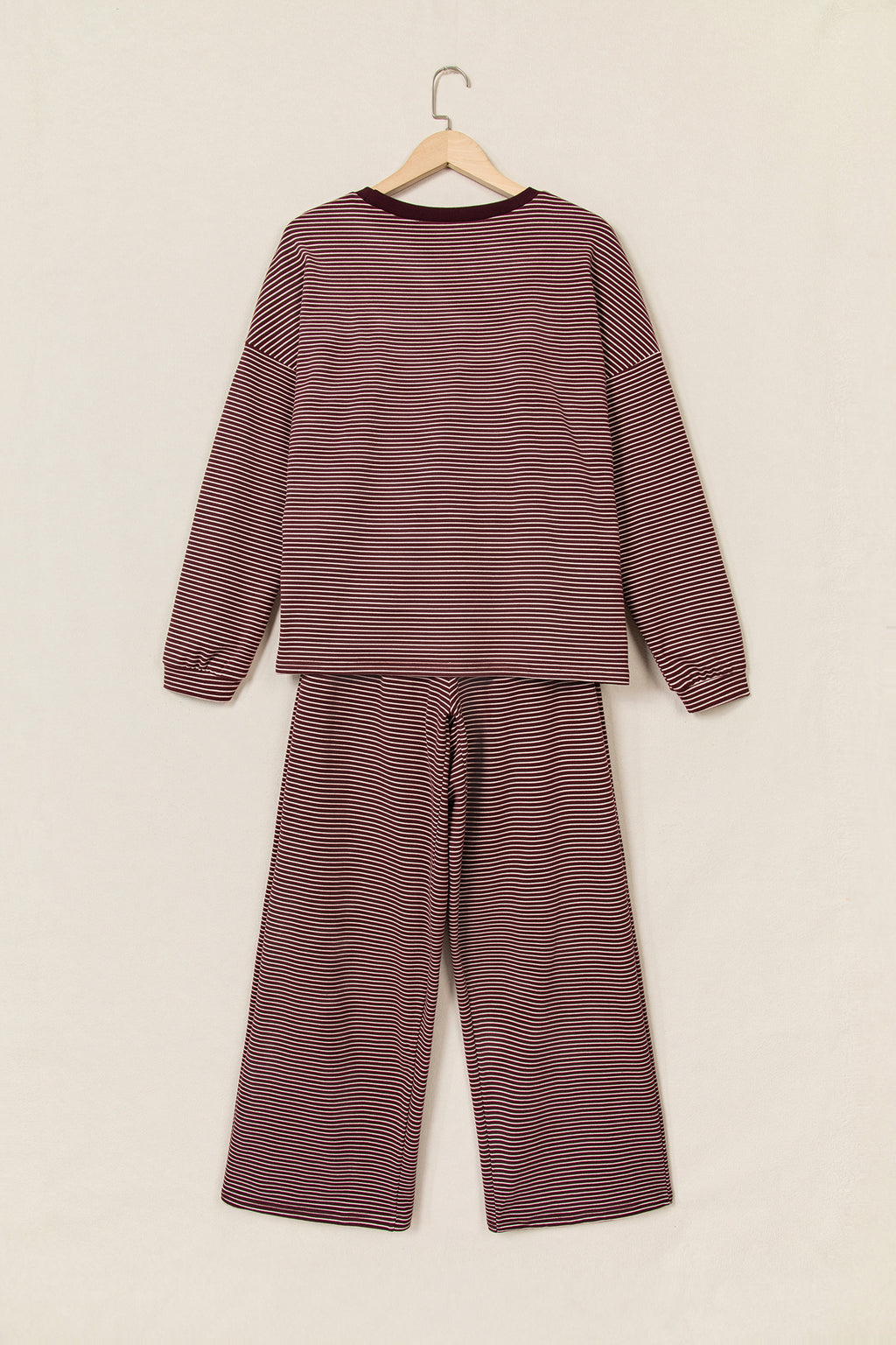 Brown Stripe Contrast Trim Round Neck Oversize Long Sleeve Top 2pcs Pant Set