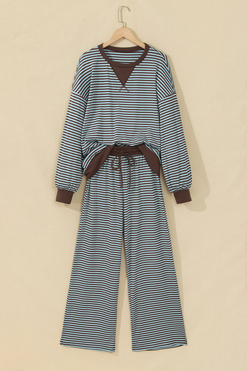 Brown Stripe Drop Shoulder Loose Top and Pants Two Piece Set