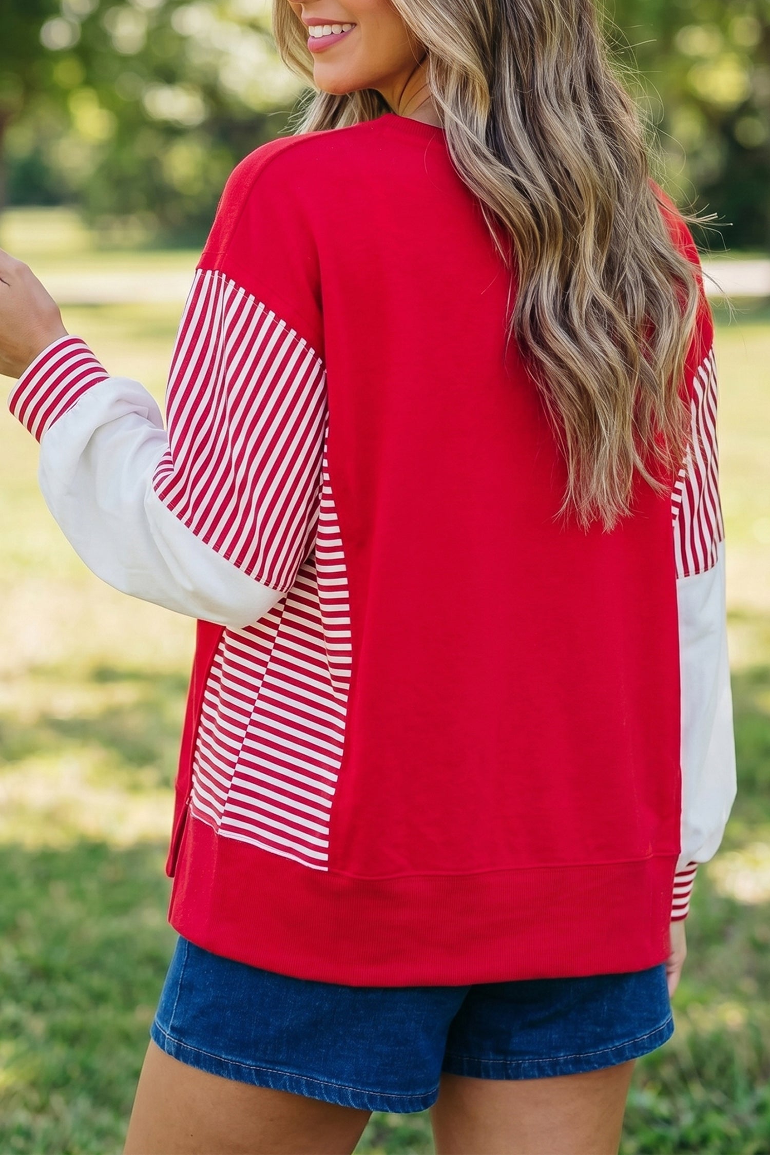 Racing Red Striped Patchwork Sleeve Colorblock Sweatshirt