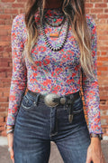 Beige Floral Print Slim Fit Mesh Long Sleeve Mock Neck Top