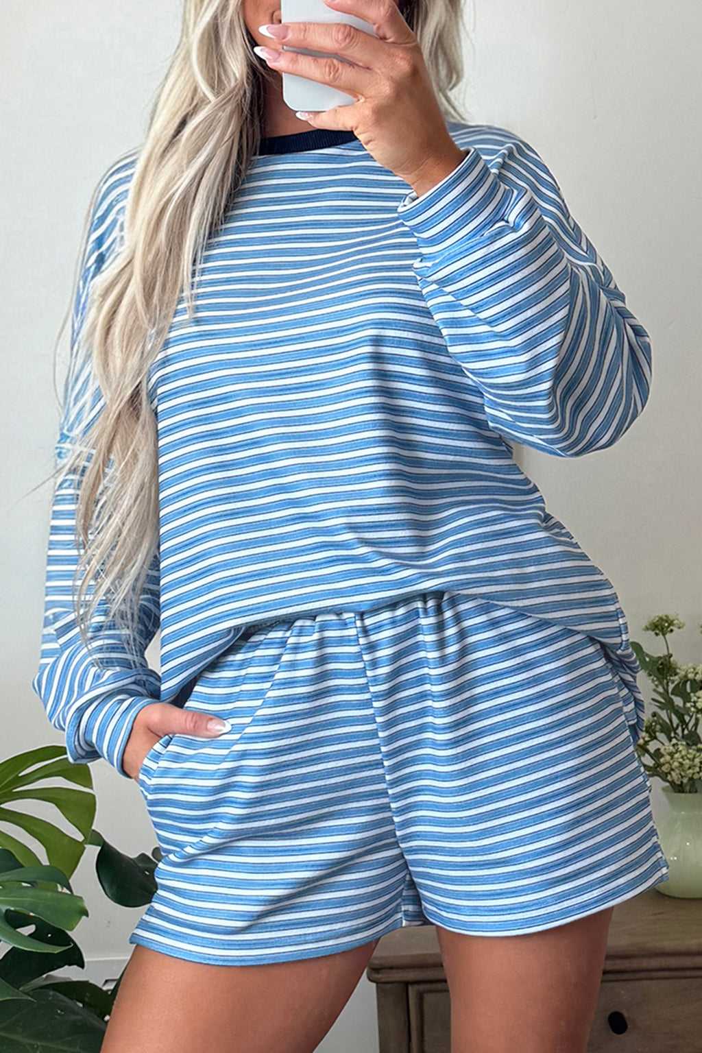 Brown Stripe Long Sleeve Oversized Top Pocketed Casual Shorts Two Piece Set