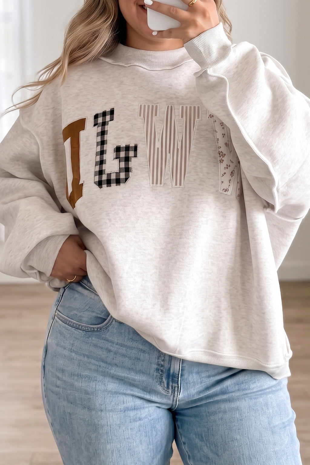 Gray WWJD Mix Pattern Letter Graphic Exposed Seam Loose Plus Size Sweatshirt