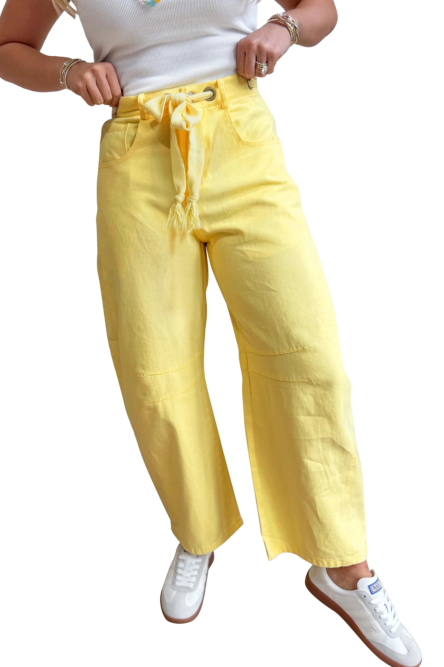 Light Pink Solid Color Grommet Detail Knot Waist Barrel Jeans