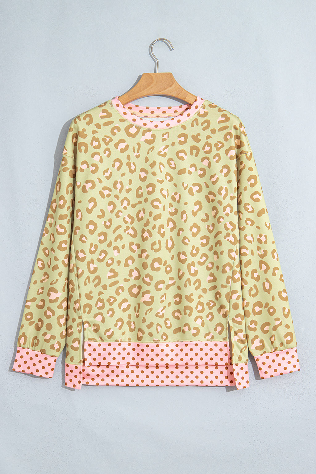 Brown Leopard Polka Dot Colorblock Trim Long Sleeve Top