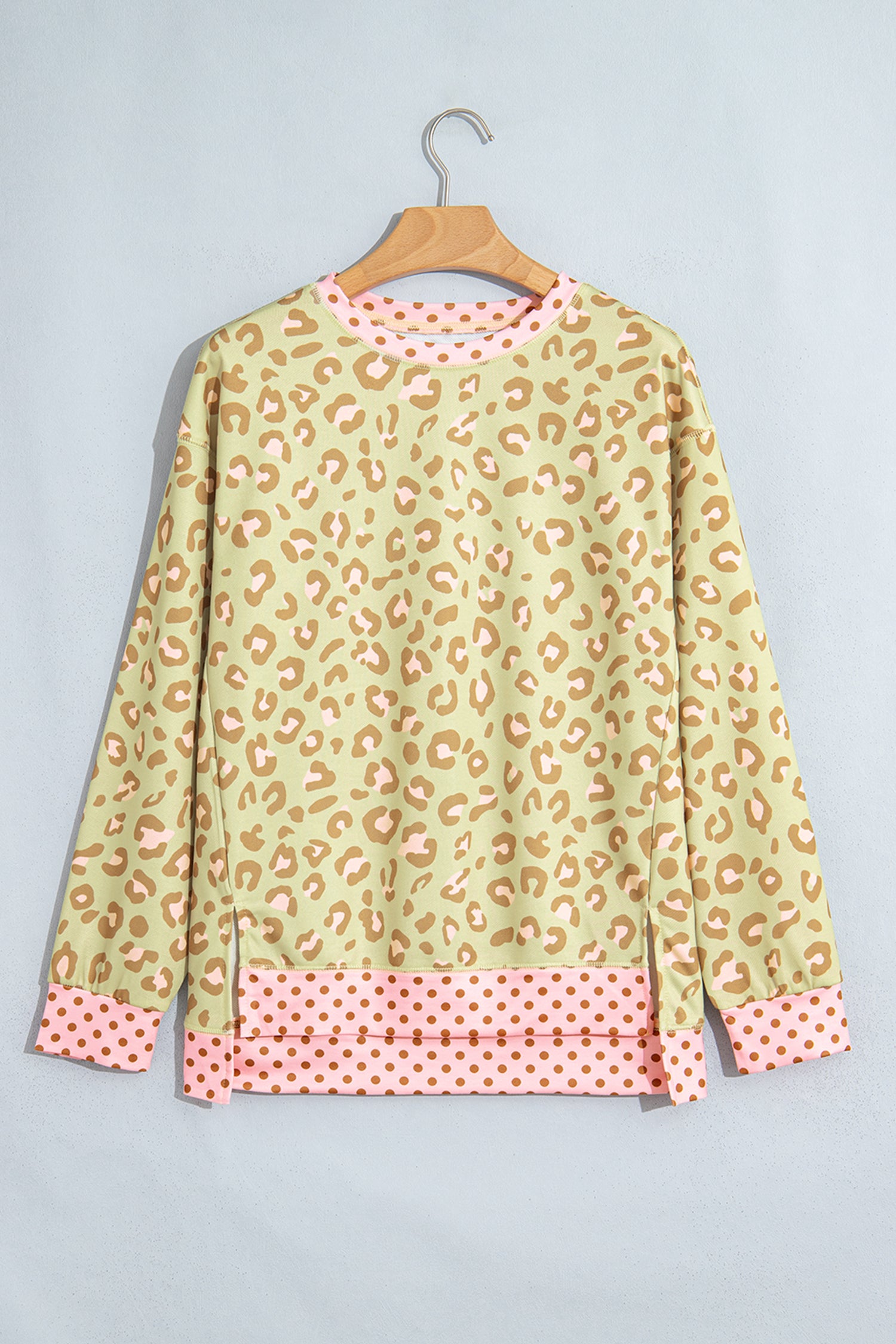 Brown Leopard Polka Dot Colorblock Trim Long Sleeve Top