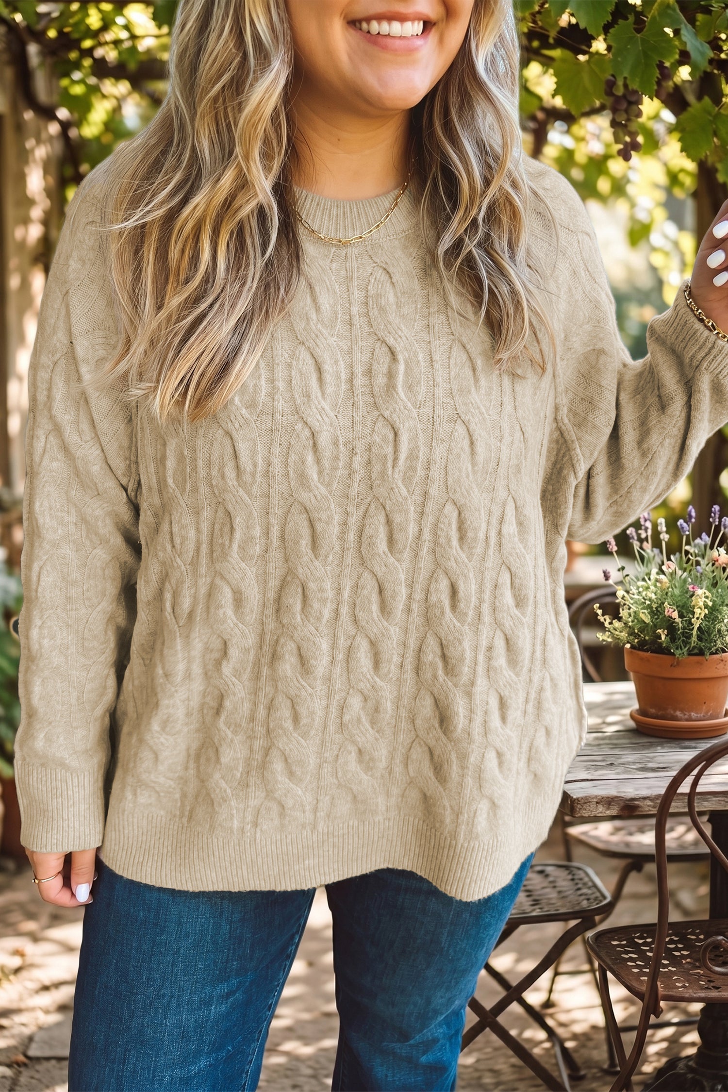 Parchment Oversized Cable Knit Long Sleeve Round Neck Tunic Length Plus Size Sweater
