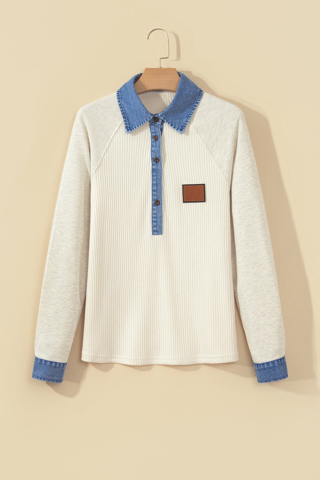 Light Grey Ribbed Denim Colorblock Detail Button Collar Long Sleeve Top