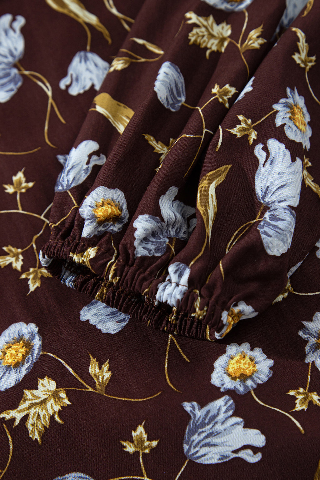 Brown Floral Print Shirred V Neck Shift Dress