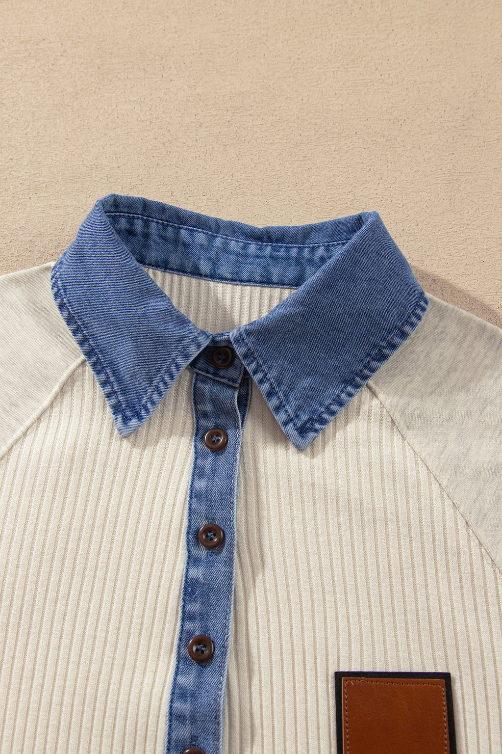 Light Grey Ribbed Denim Colorblock Detail Button Collar Long Sleeve Top