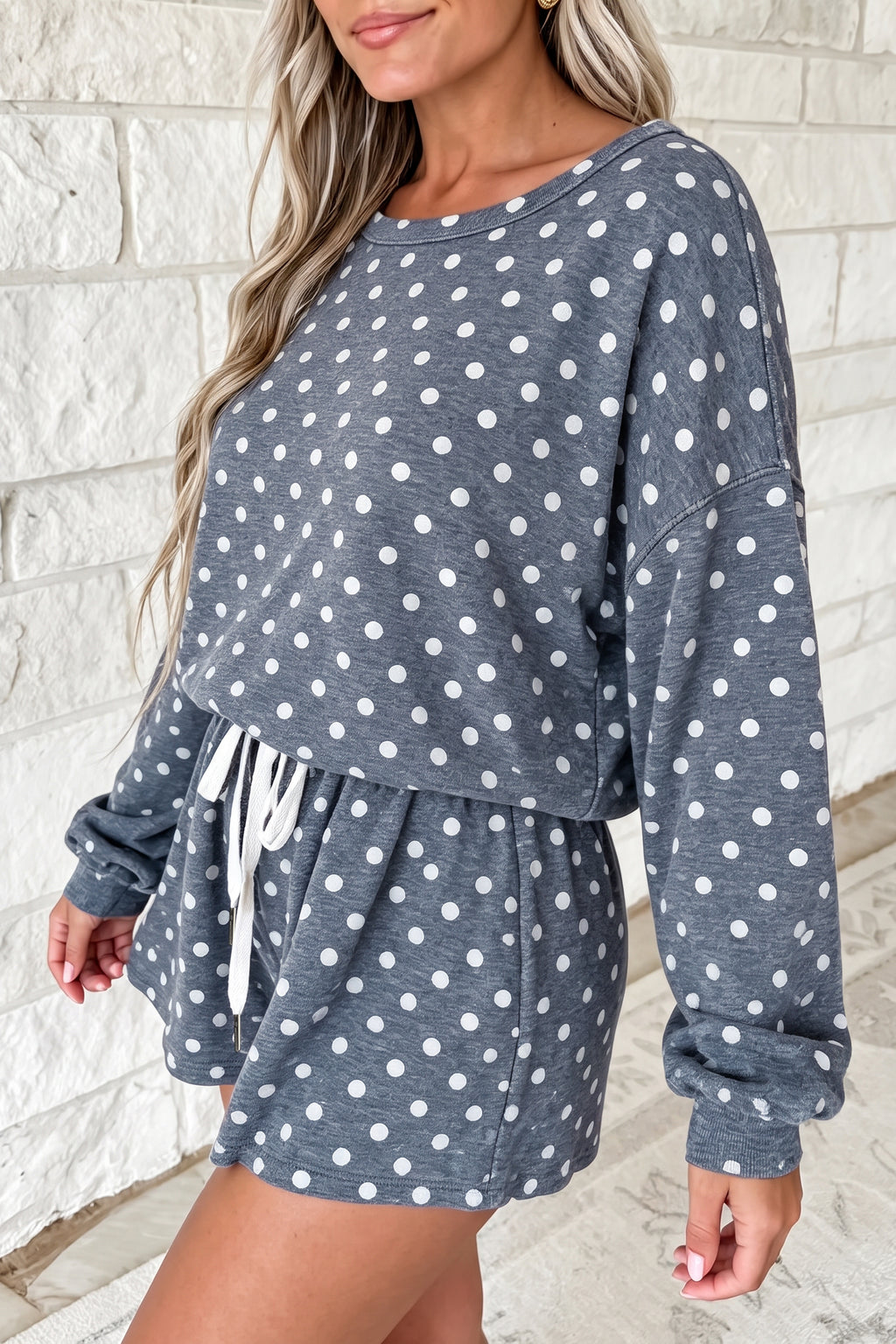 Pink Polka Dot Long Sleeve Top Drawstring Shorts Loose 2pcs Set