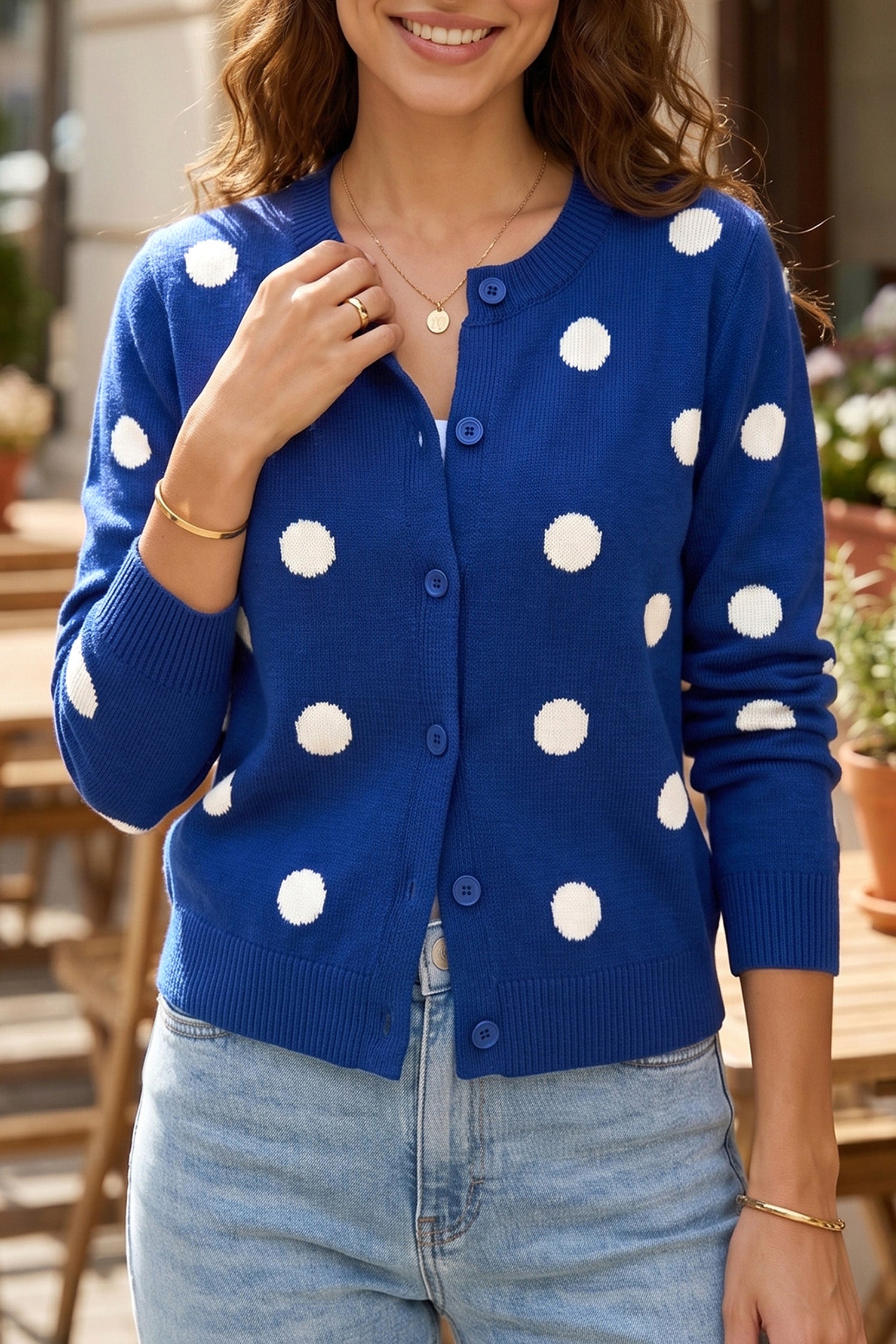 Yellow Cream Casual Polka Dot Button Front Long Sleeve Sweater Cardigan