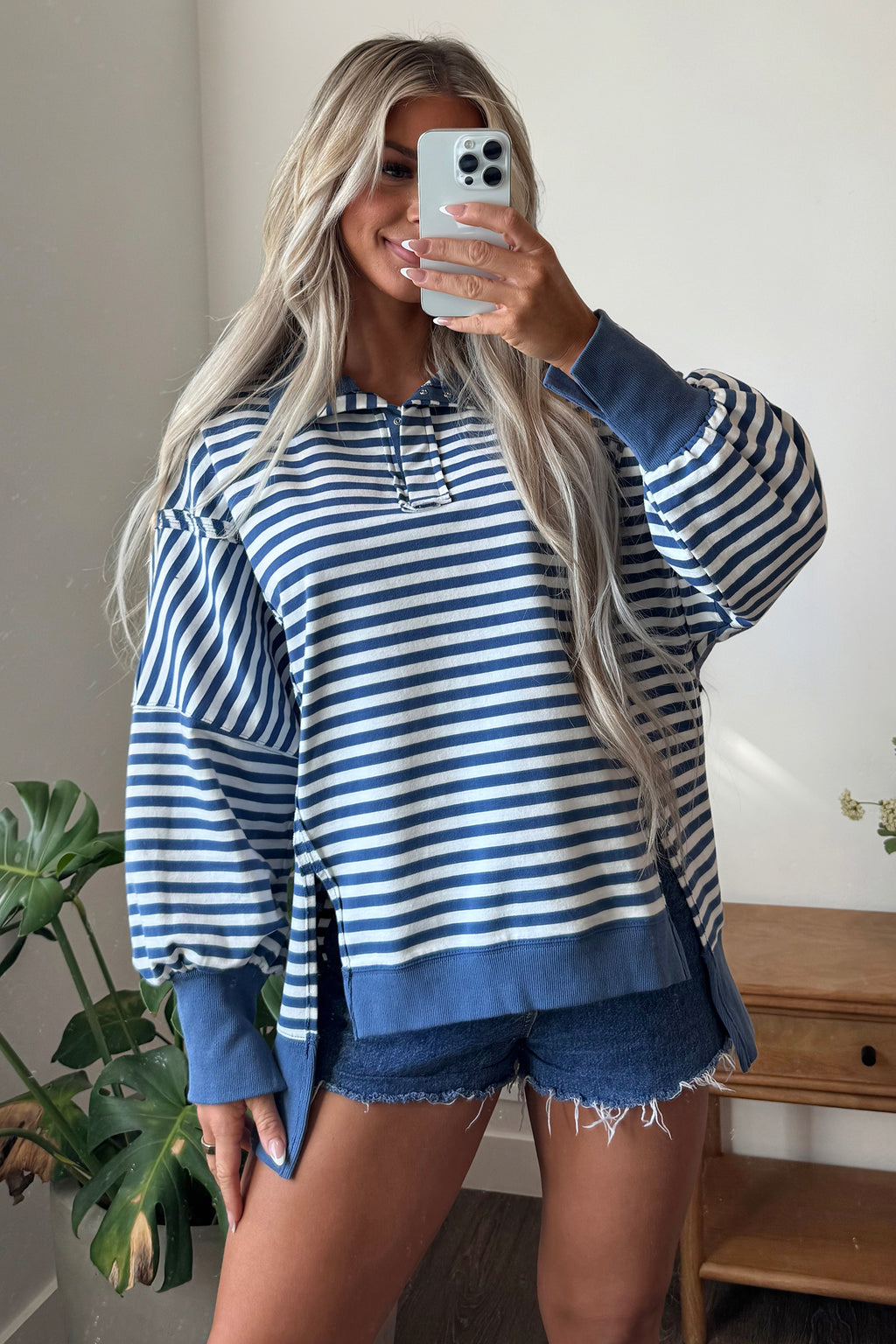 Brown Stripe Color Block Trim Raw Seam Split Hem Loose Pullover Sweatshirt
