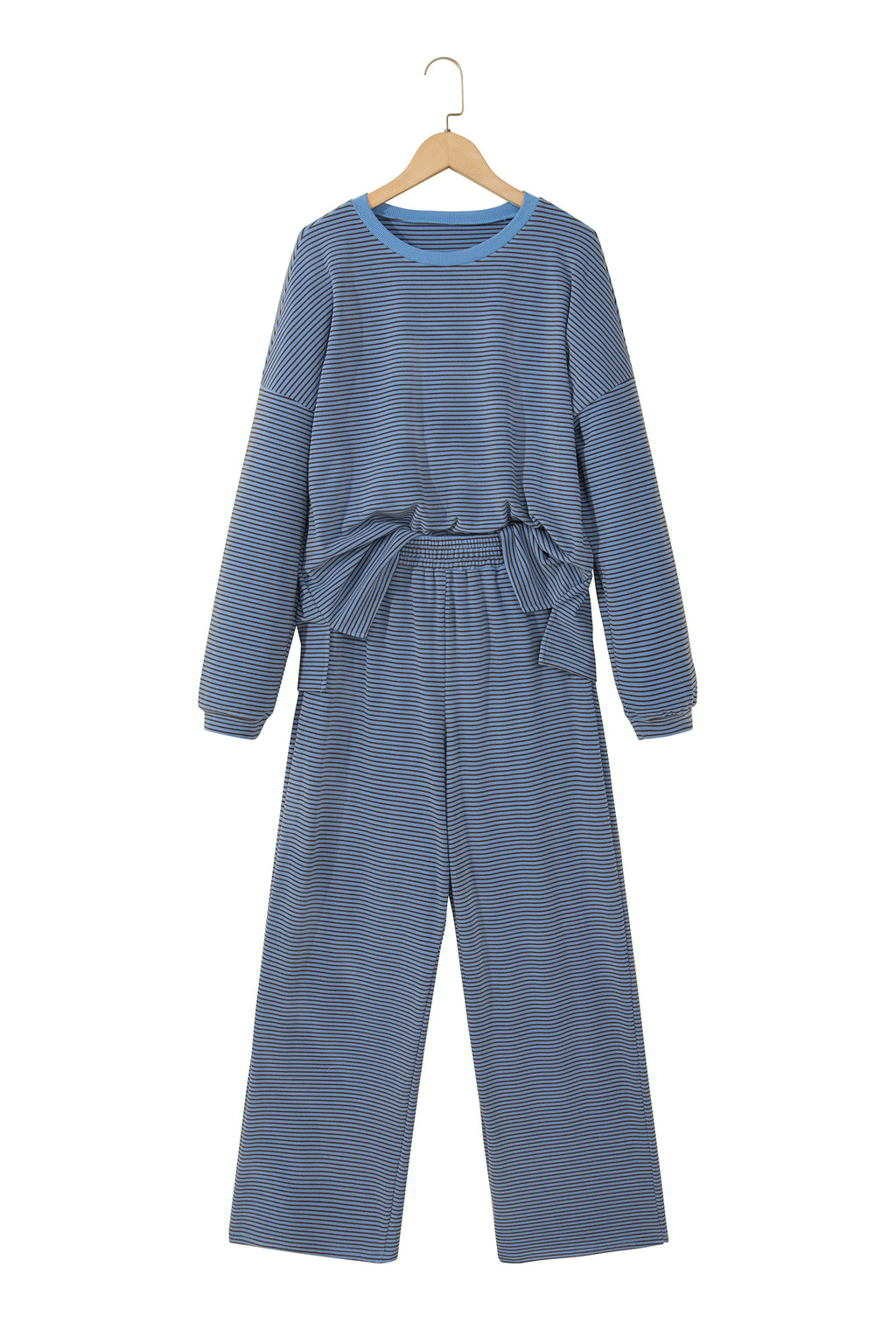 Brown Stripe Contrast Trim Round Neck Oversize Long Sleeve Top 2pcs Pant Set