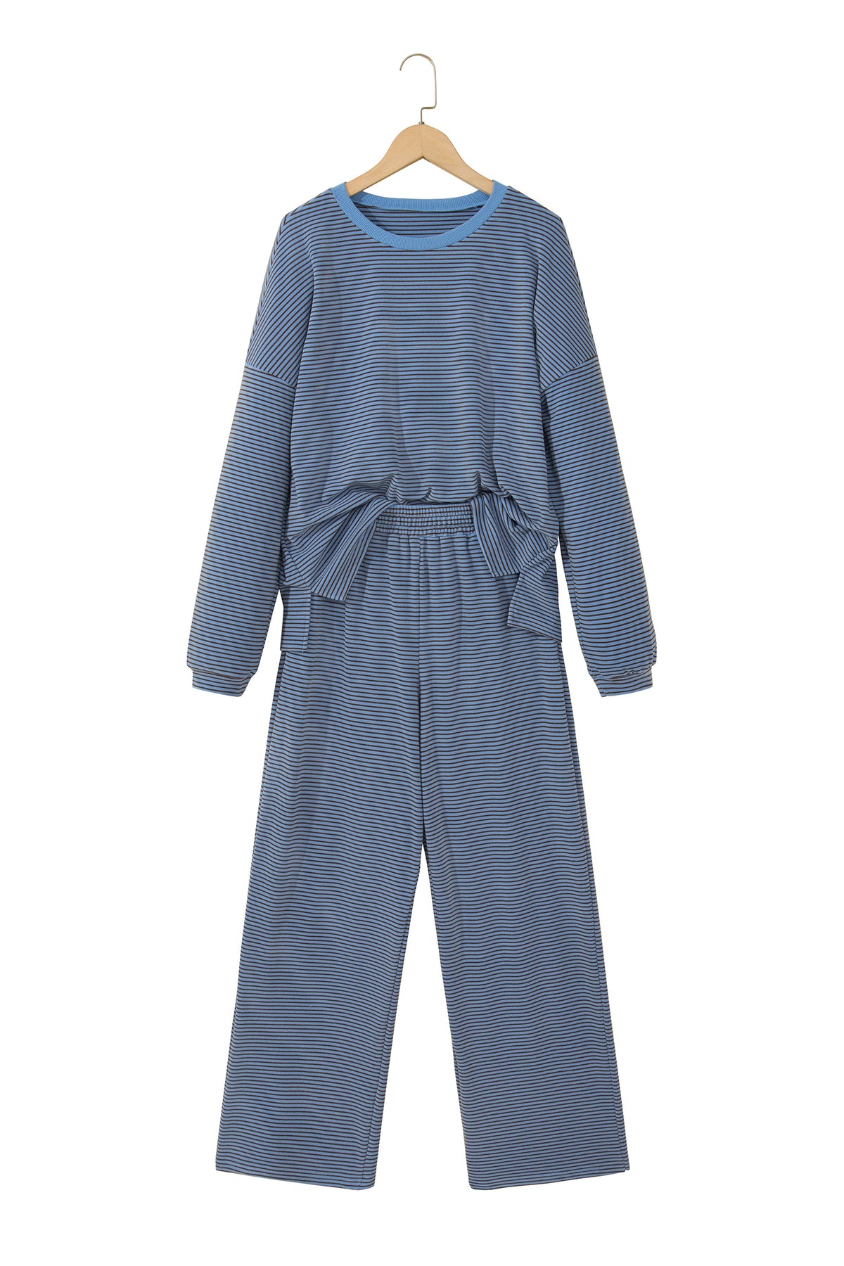 Brown Stripe Contrast Trim Round Neck Oversize Long Sleeve Top 2pcs Pant Set