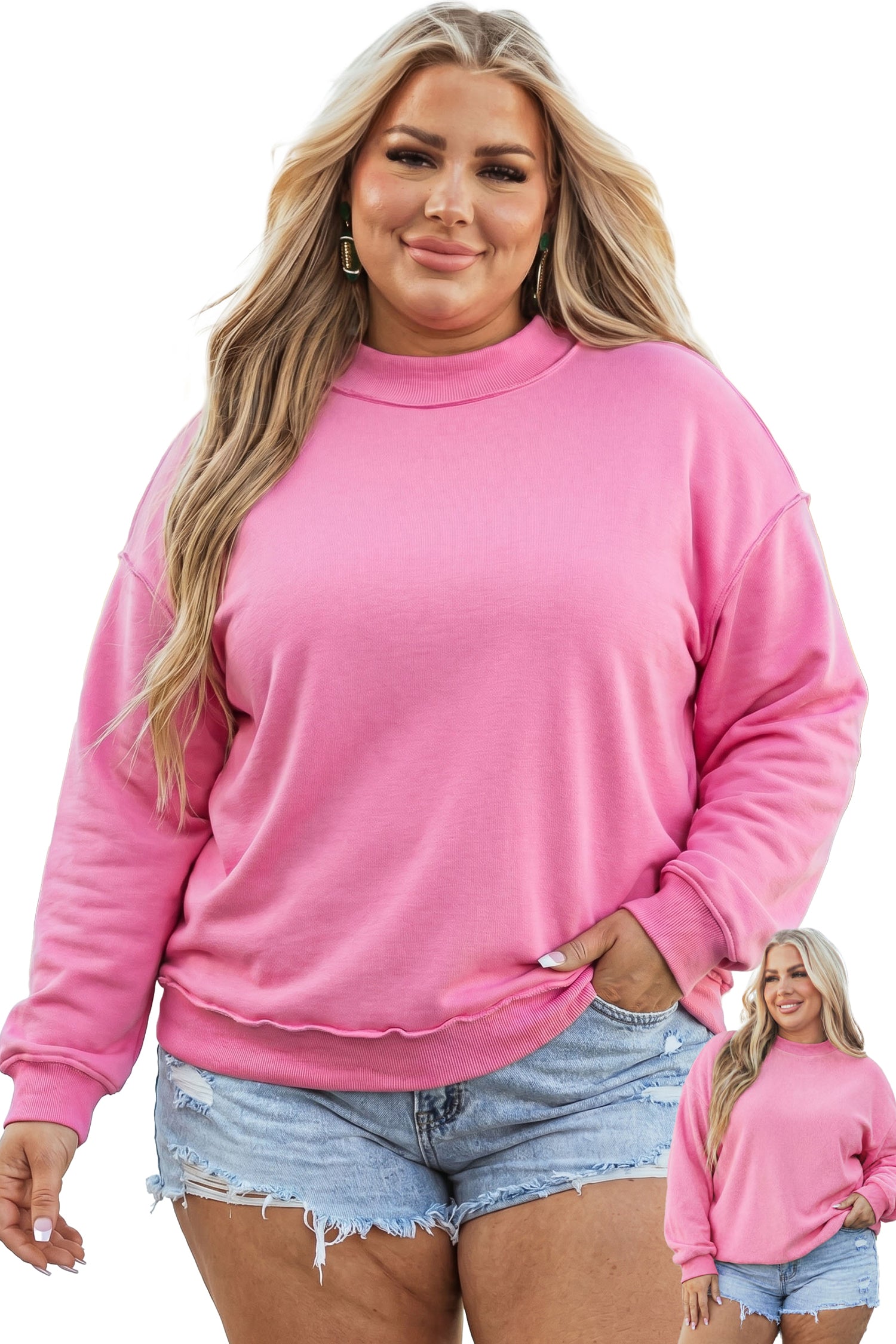 Bright Pink Exposed Seam Detail Reversible Double Wear Plus Size Sweatshirt