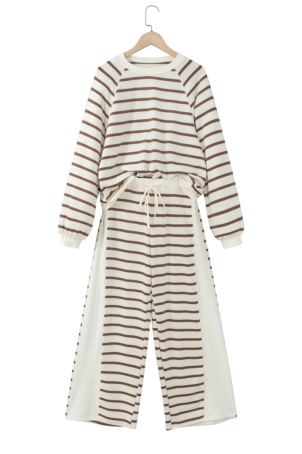 Khaki Stripe Relaxed Long Sleeve Top Color Block Detail Drawstring Pant Set