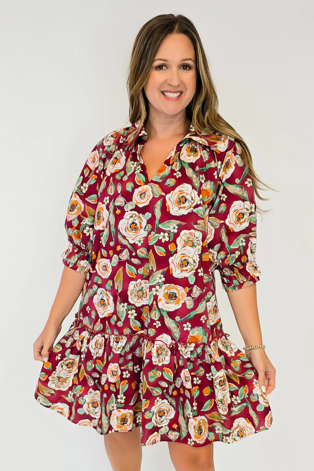 Red Floral Print Half Sleeve Short Shift Dress