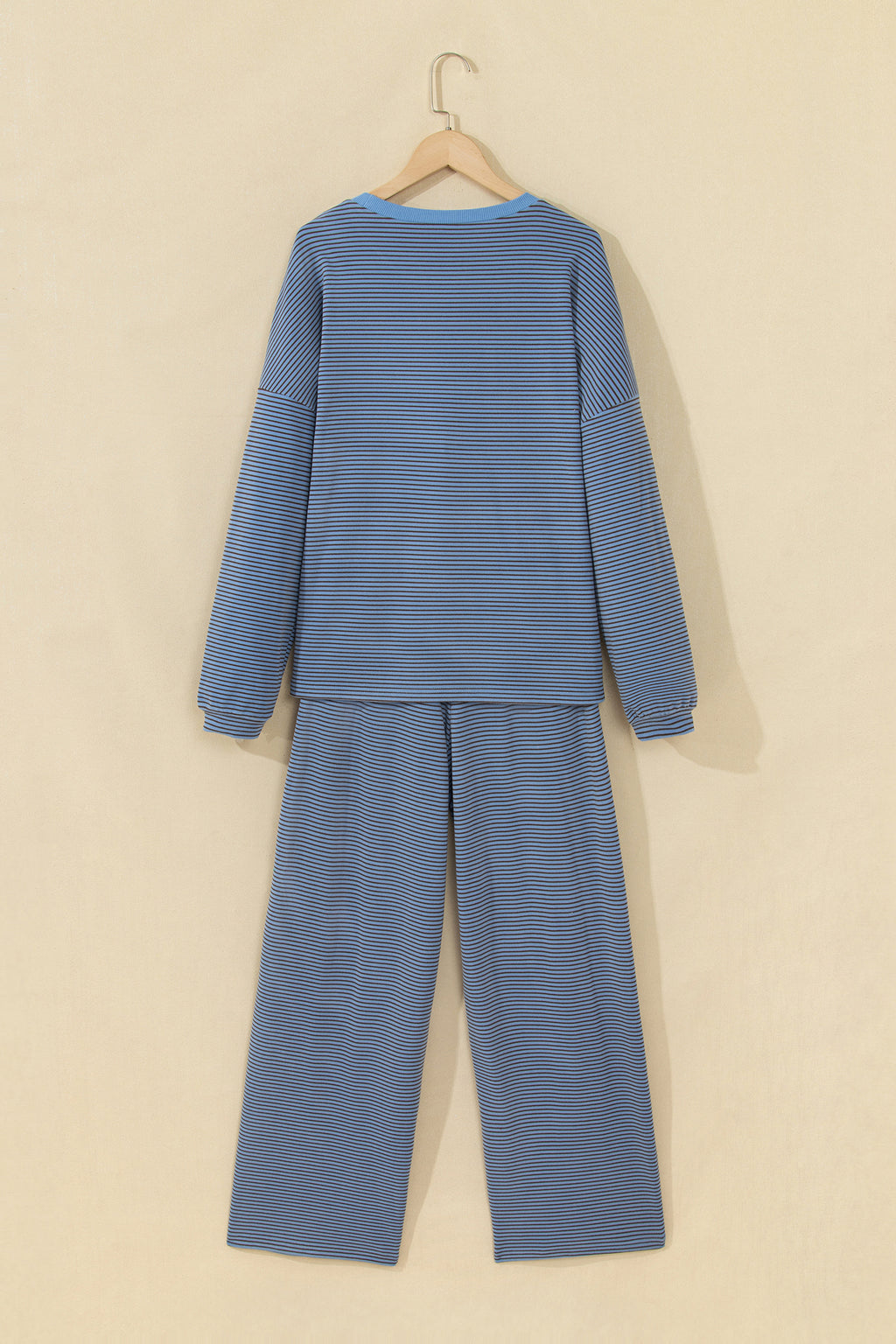 Brown Stripe Contrast Trim Round Neck Oversize Long Sleeve Top 2pcs Pant Set