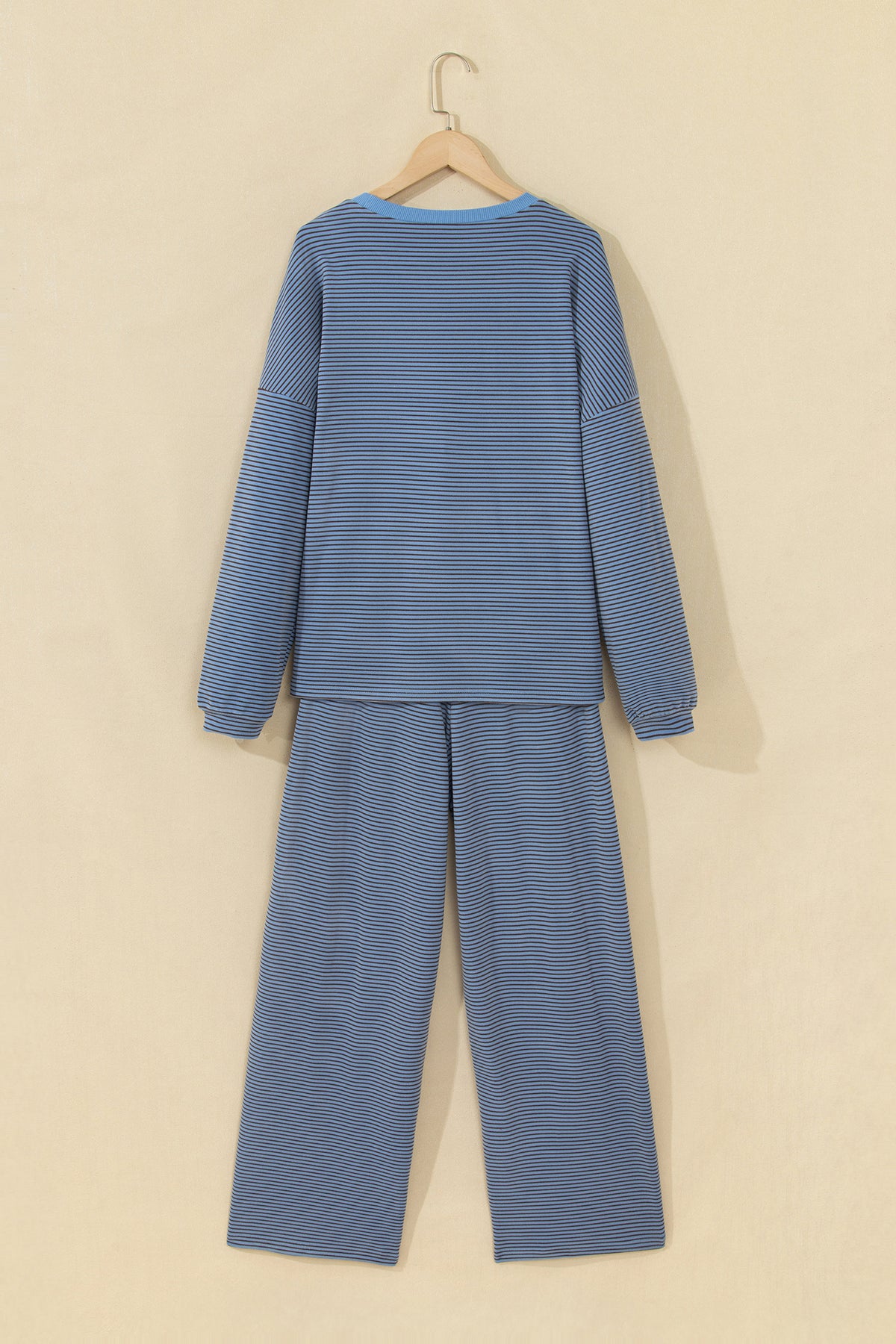 Brown Stripe Contrast Trim Round Neck Oversize Long Sleeve Top 2pcs Pant Set