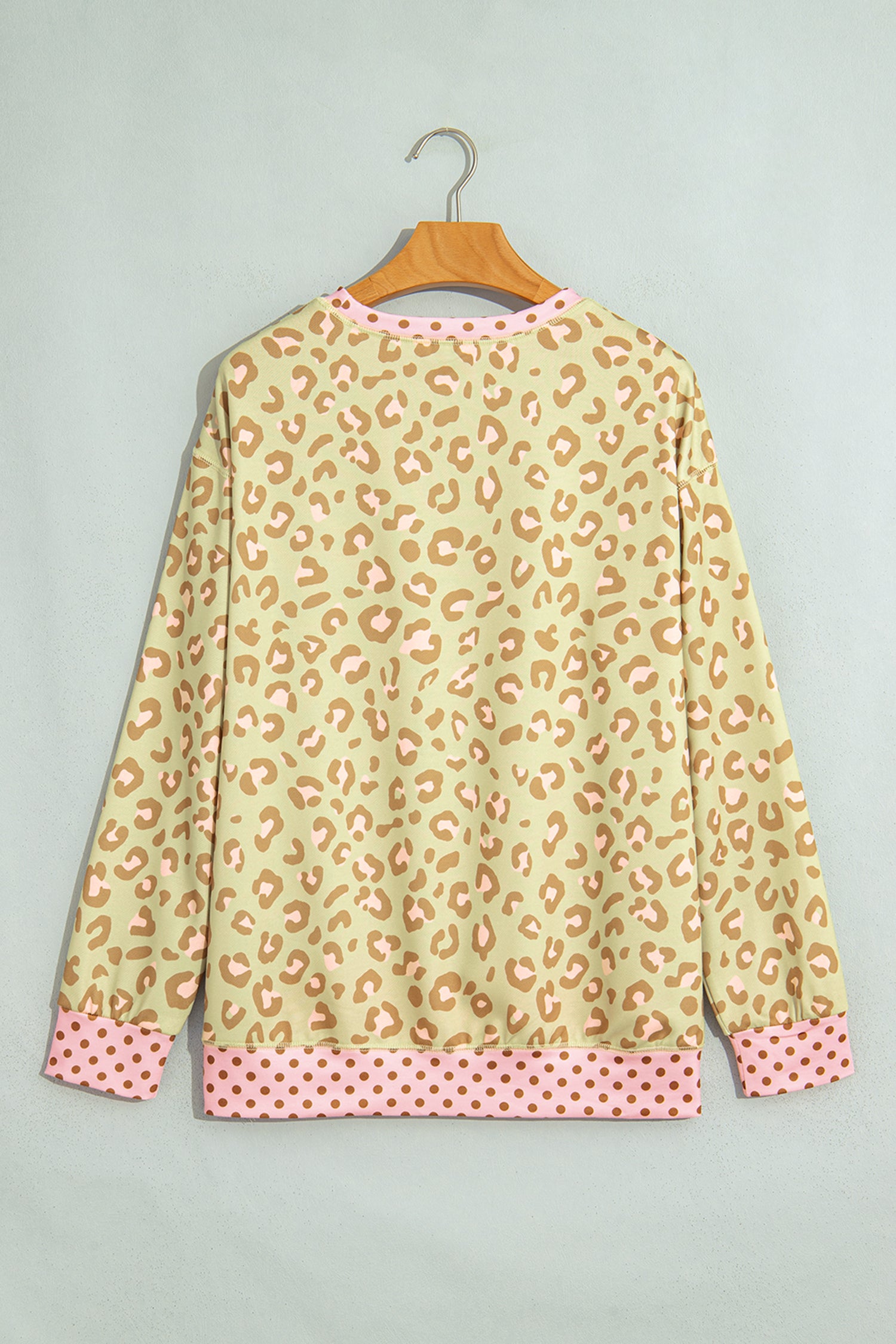 Brown Leopard Polka Dot Colorblock Trim Long Sleeve Top