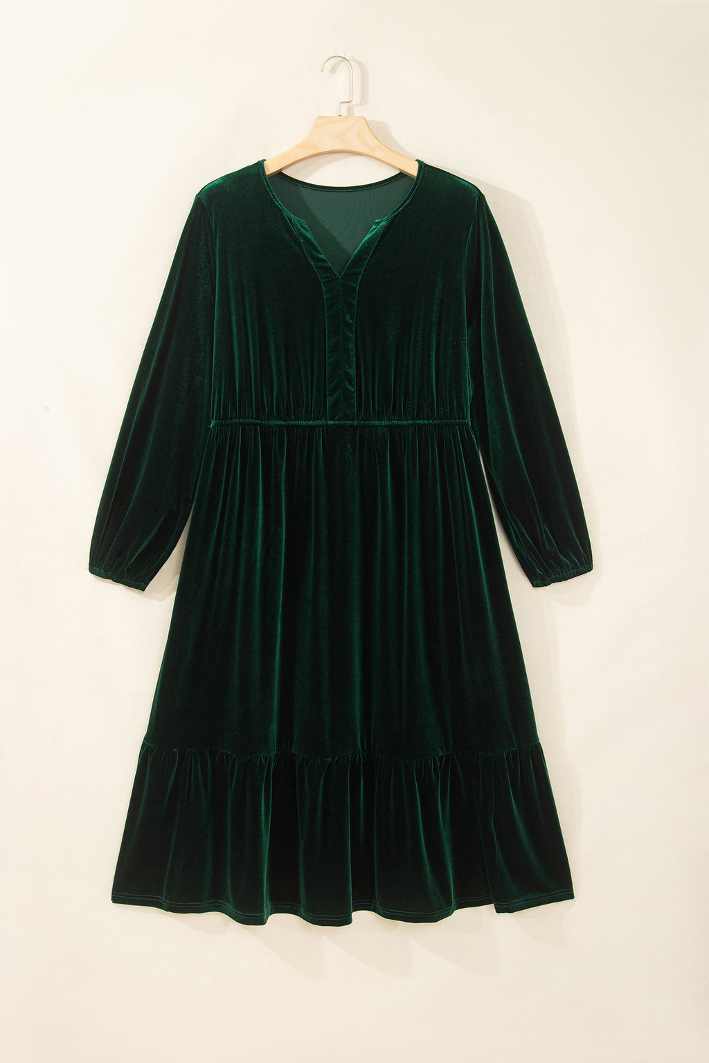 Blackish Green V Neck Long Sleeve Velvet Loose Fit Plus Size Dress