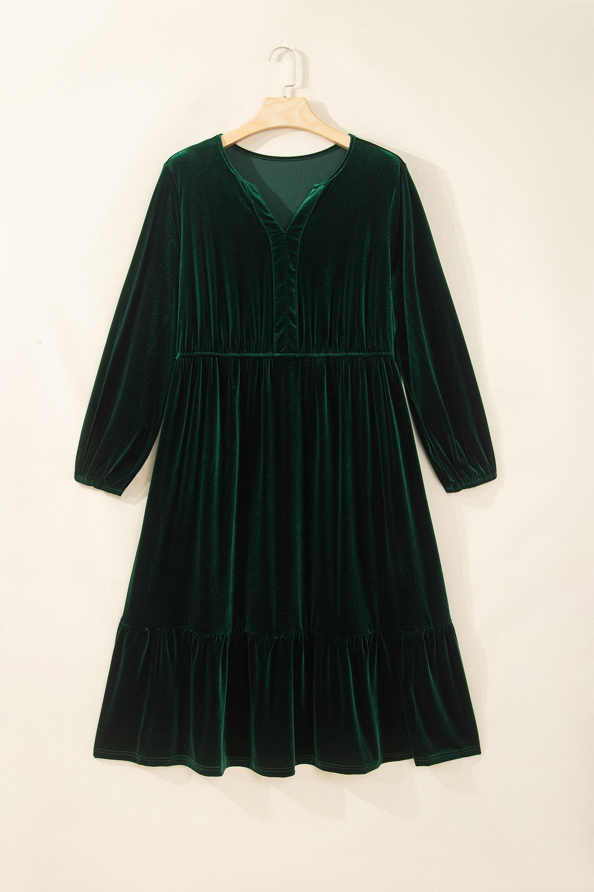 Blackish Green V Neck Long Sleeve Velvet Loose Fit Plus Size Dress