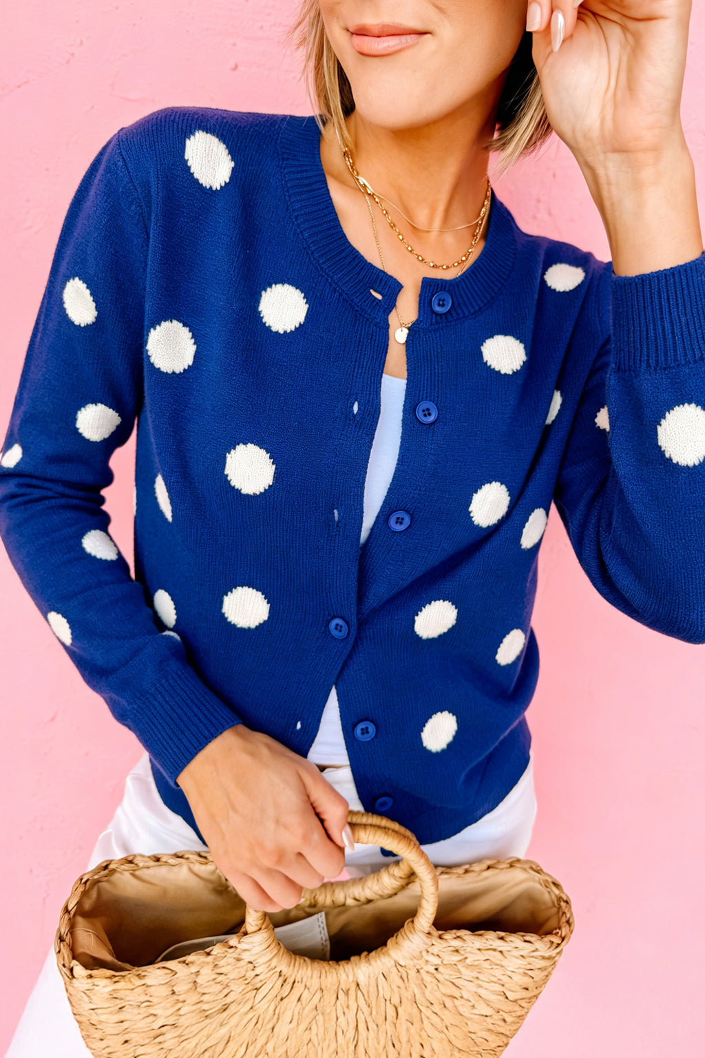 Yellow Cream Casual Polka Dot Button Front Long Sleeve Sweater Cardigan