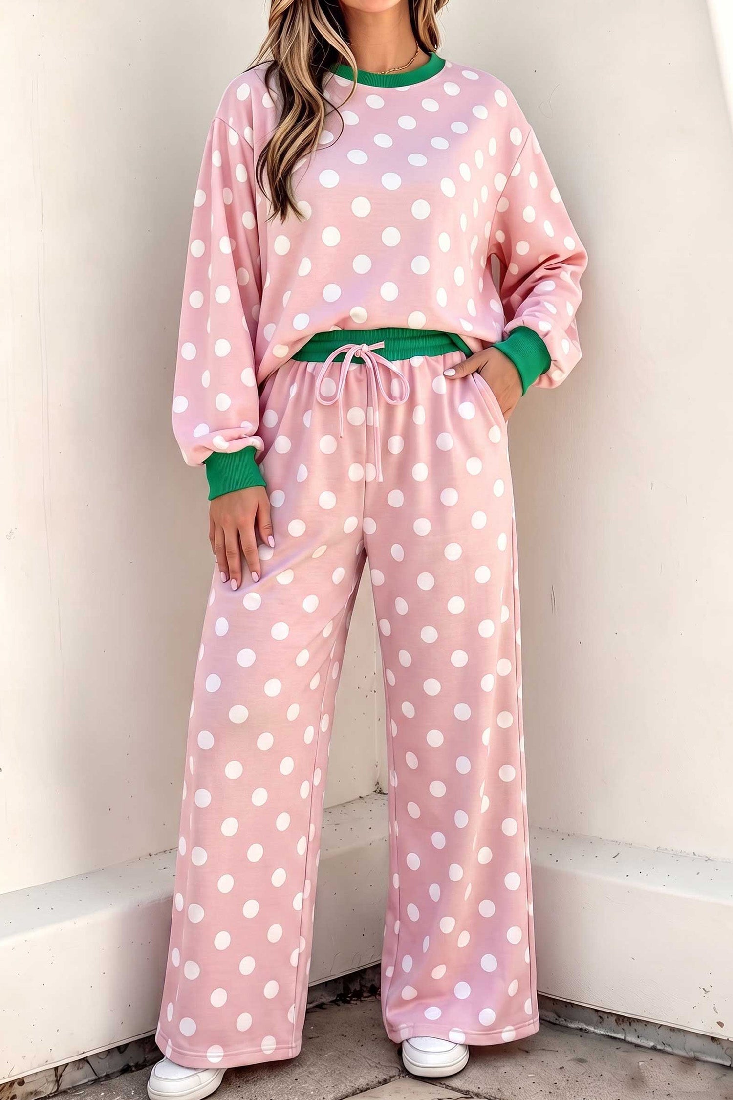 Khaki Polka Dot Contrast Trim Long Sleeve Top Drawstring Shift Pants Set