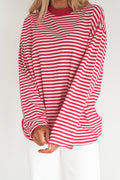 Red Stripe Oversized Long Sleeve Round Neck Top