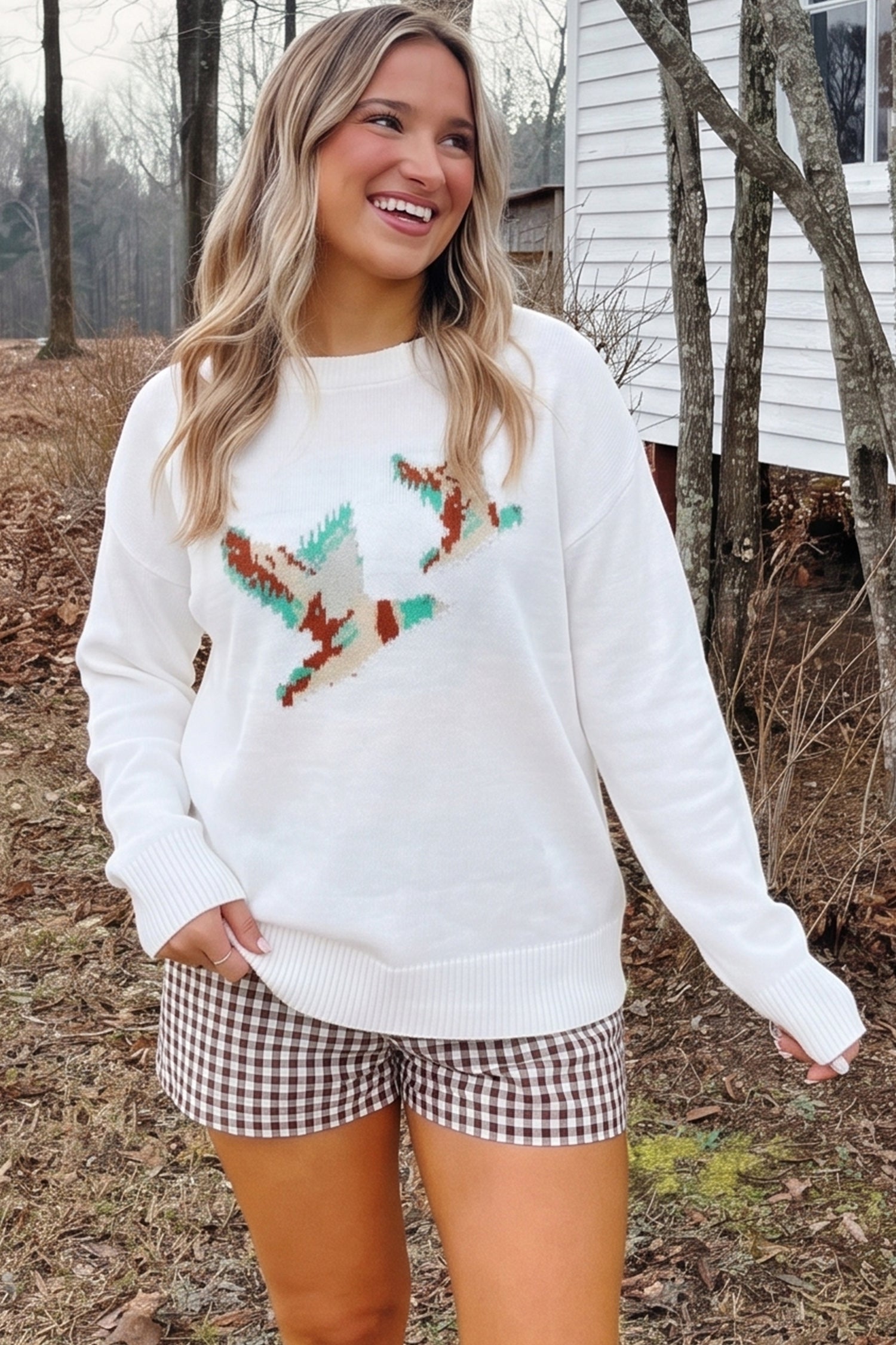 White Drop Shoulder Round Neck Long Sleeve Pullover Sweater
