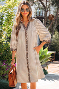 Khaki Stripe Square Button Leopard Trim Loose Bracelet Sleeve Shirt Dress