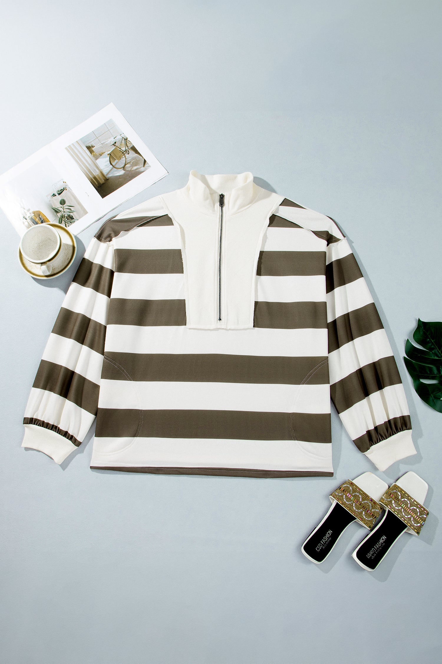 Green Stripe Plus Size Half Zipped Casual Sweatshirt