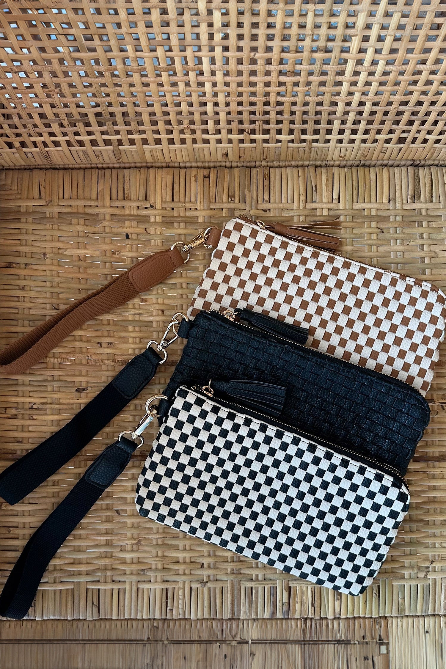 Color black Checkered Woven Clutch Wristlet PU Leather Large Size Patterned Wallet