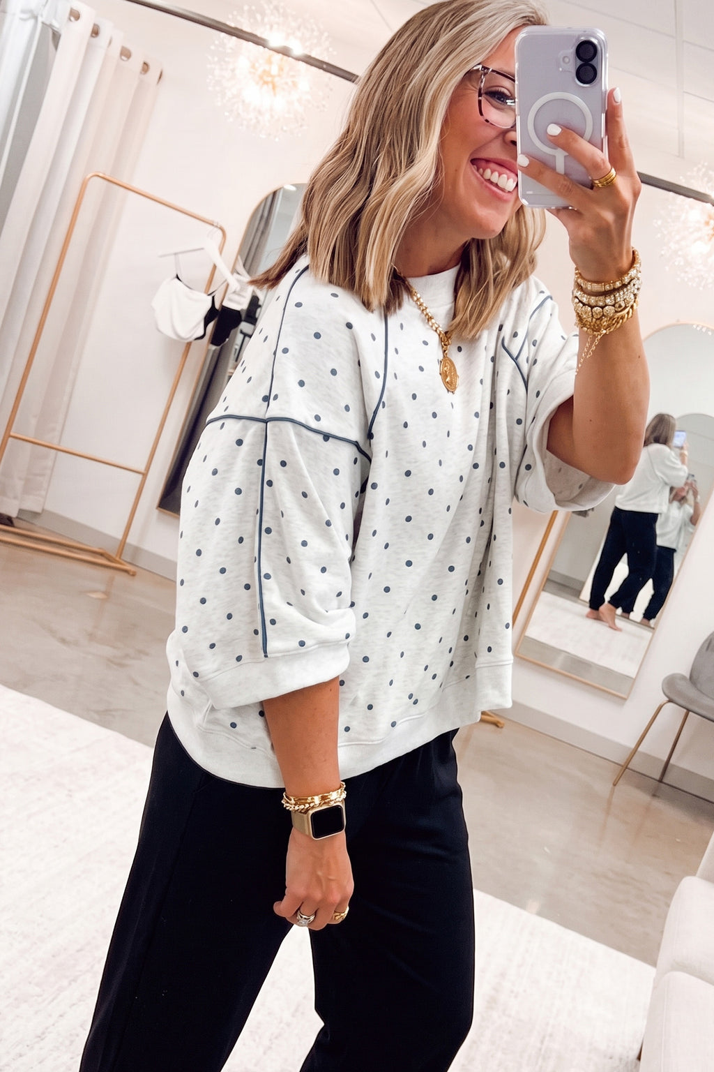 Gray Polka Dot Print Piping Trim 3/4 Sleeve Relaxed Top