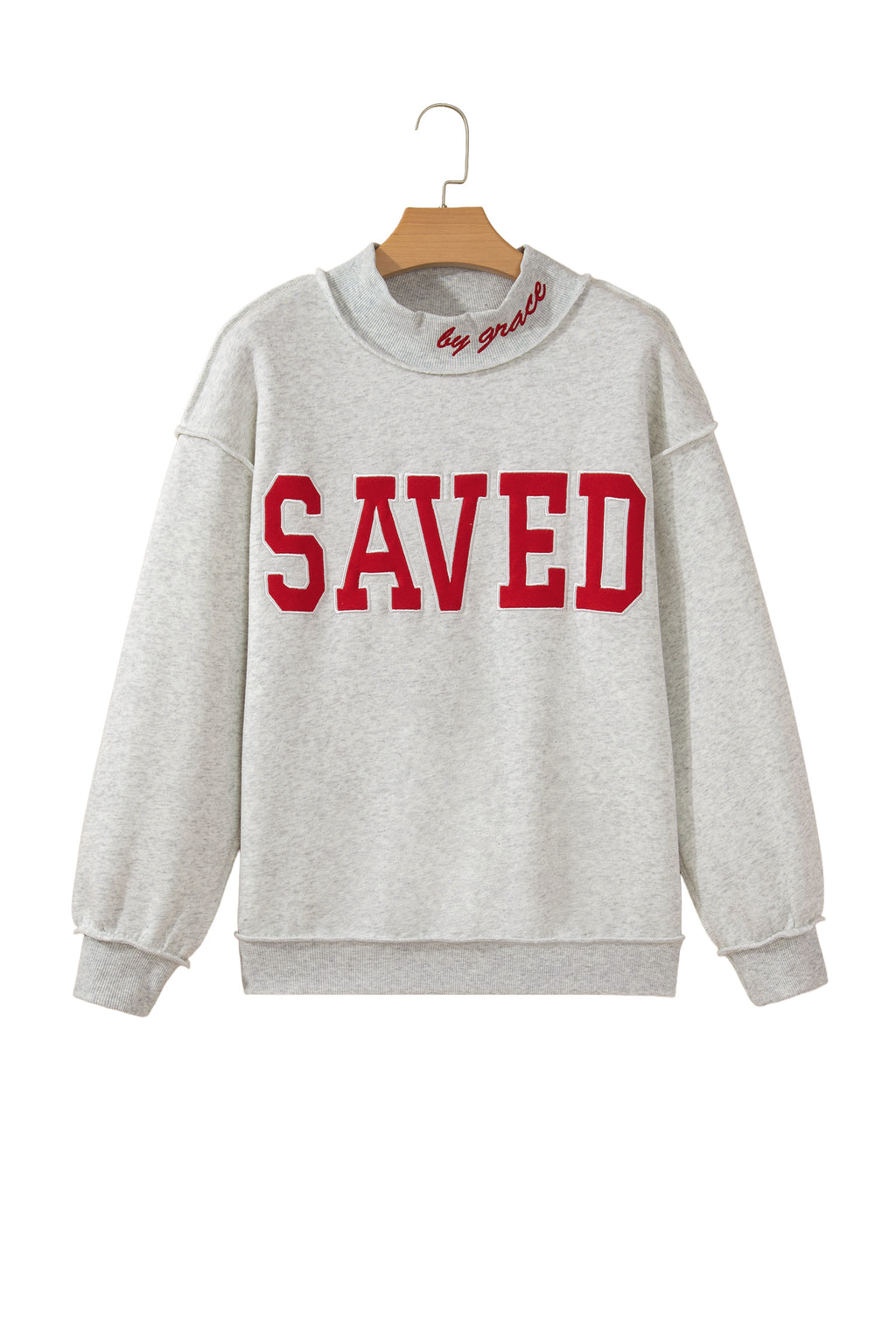 Fiery Red Saved By Grace Embroidered Detail Letter Graphic High Neck Sweatshirt