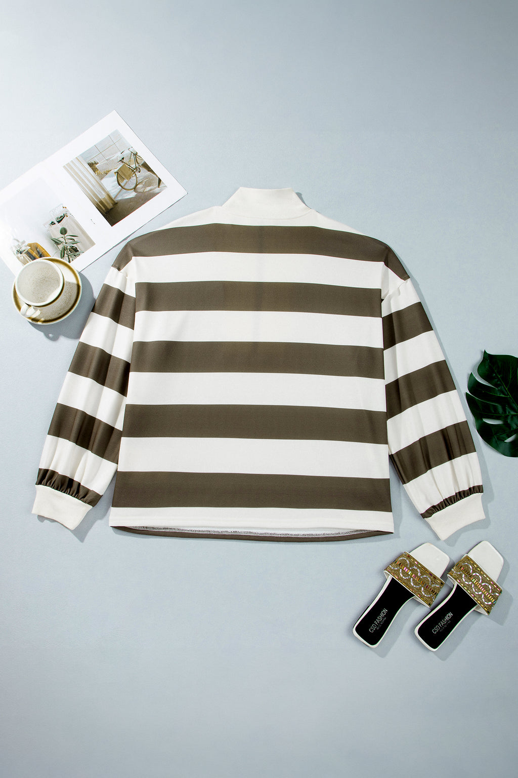 Green Stripe Plus Size Half Zipped Casual Sweatshirt