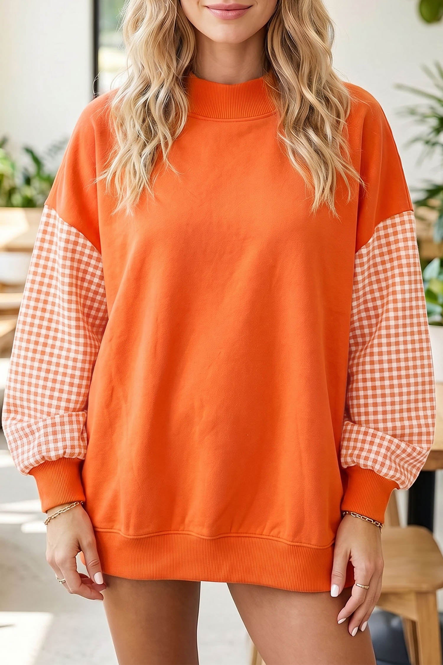 Black Plaid Sleeve Colorblock Loose Tunic Sweatshirt