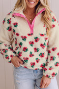 White Floral Print Fleece Contrast Trim Button Collar Sweatshirt