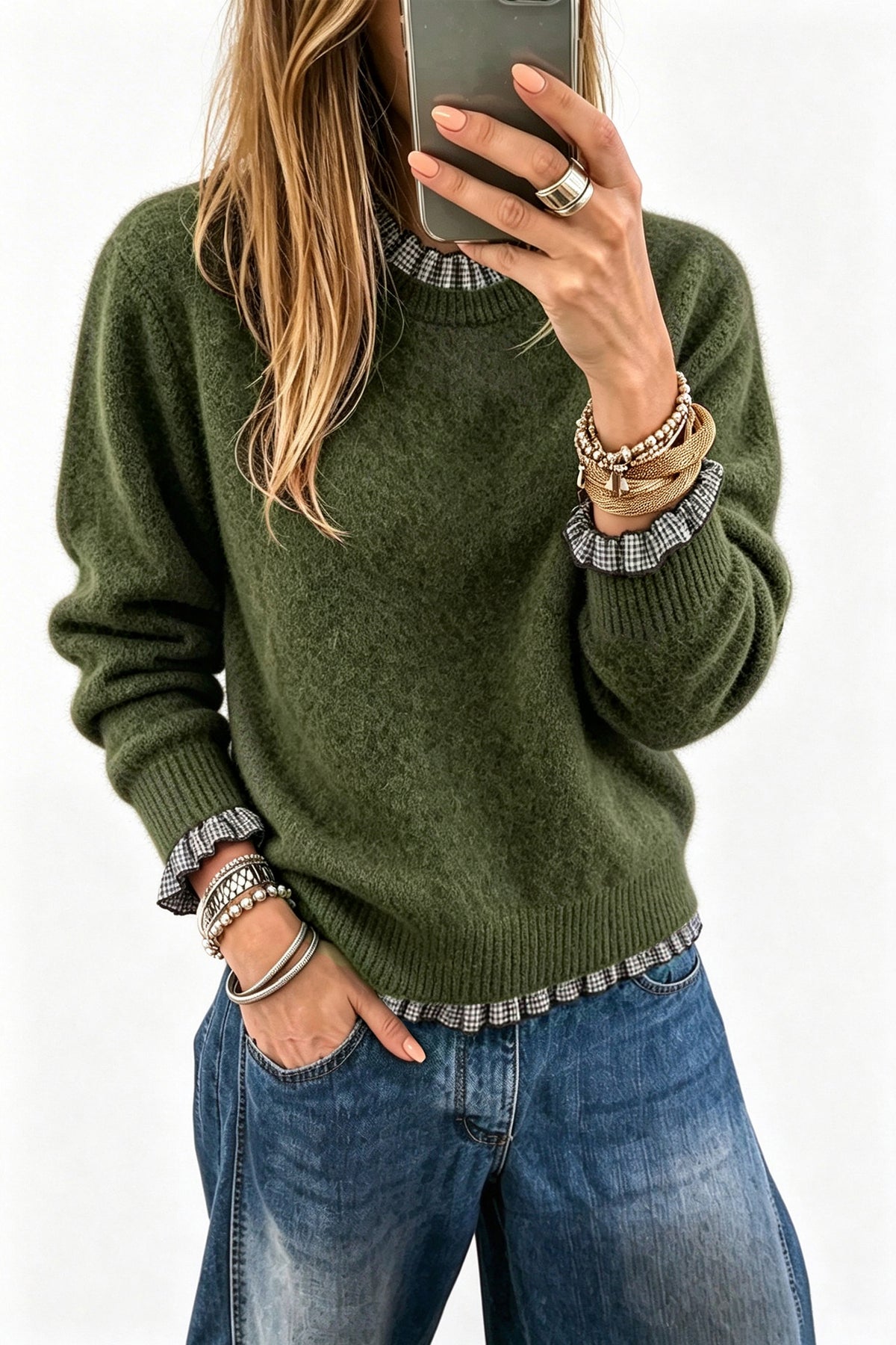 Chicory Coffee Contrast Plaid Ruffle Trim Pullover Sweater