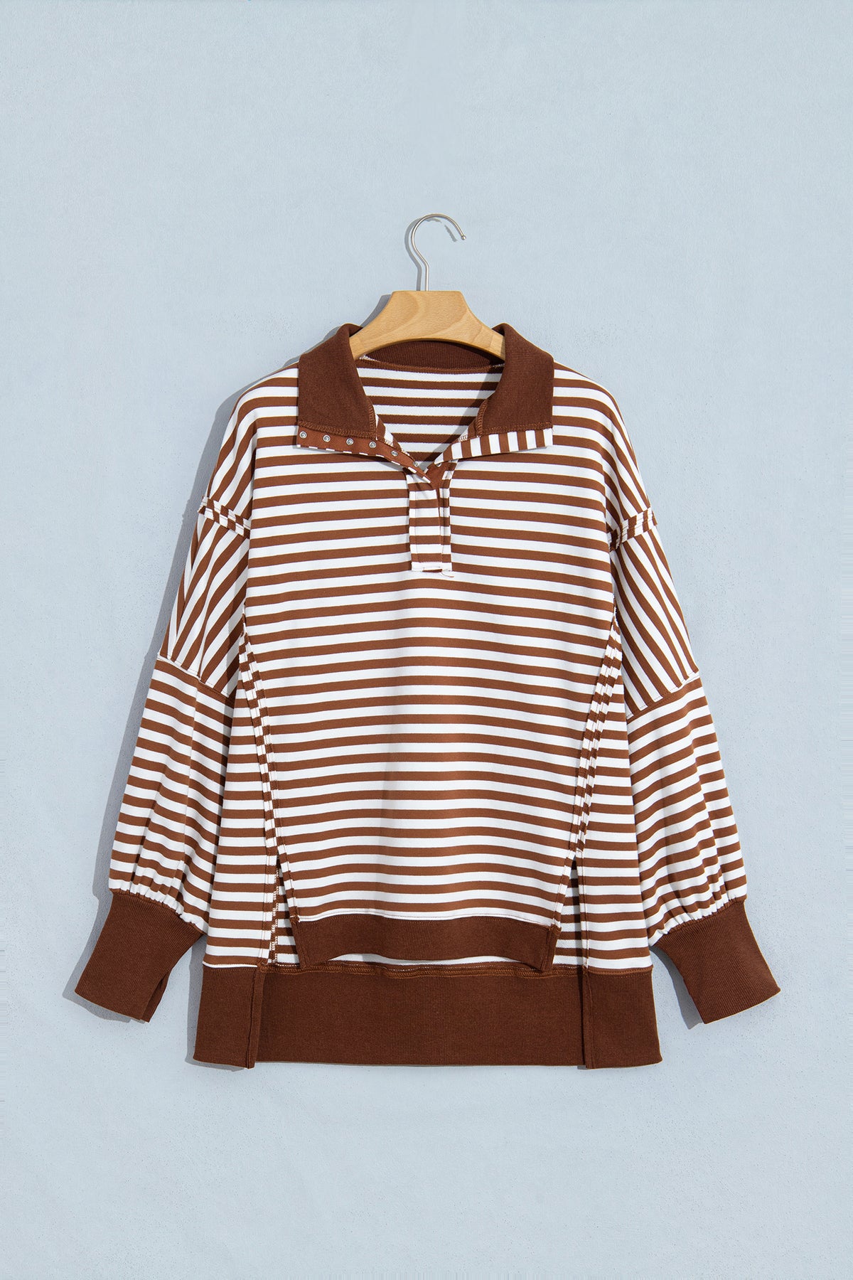 Brown Stripe Color Block Trim Raw Seam Split Hem Loose Pullover Sweatshirt