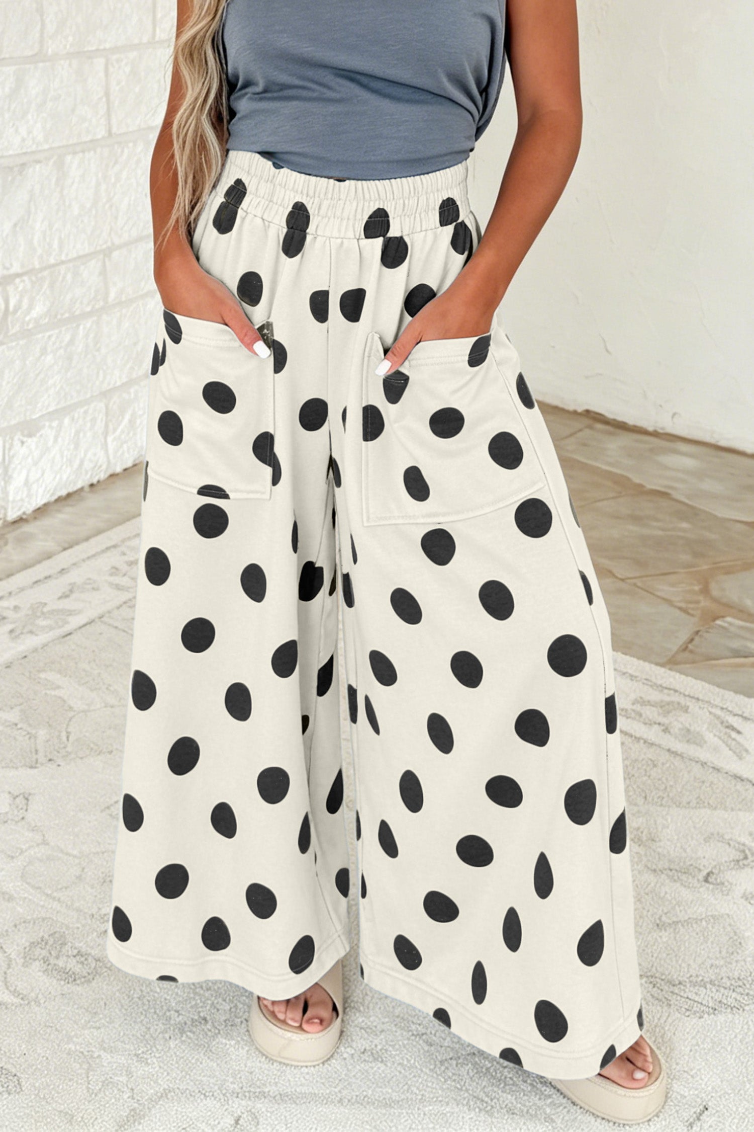 Khaki Polka Dot Wide Leg Elastic Waist Casual Pants