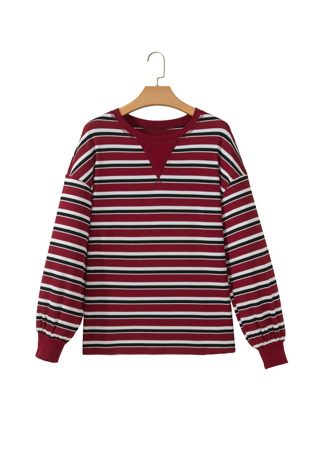 Red Stripe Dropped Shoulder Long Puff Sleeve Top
