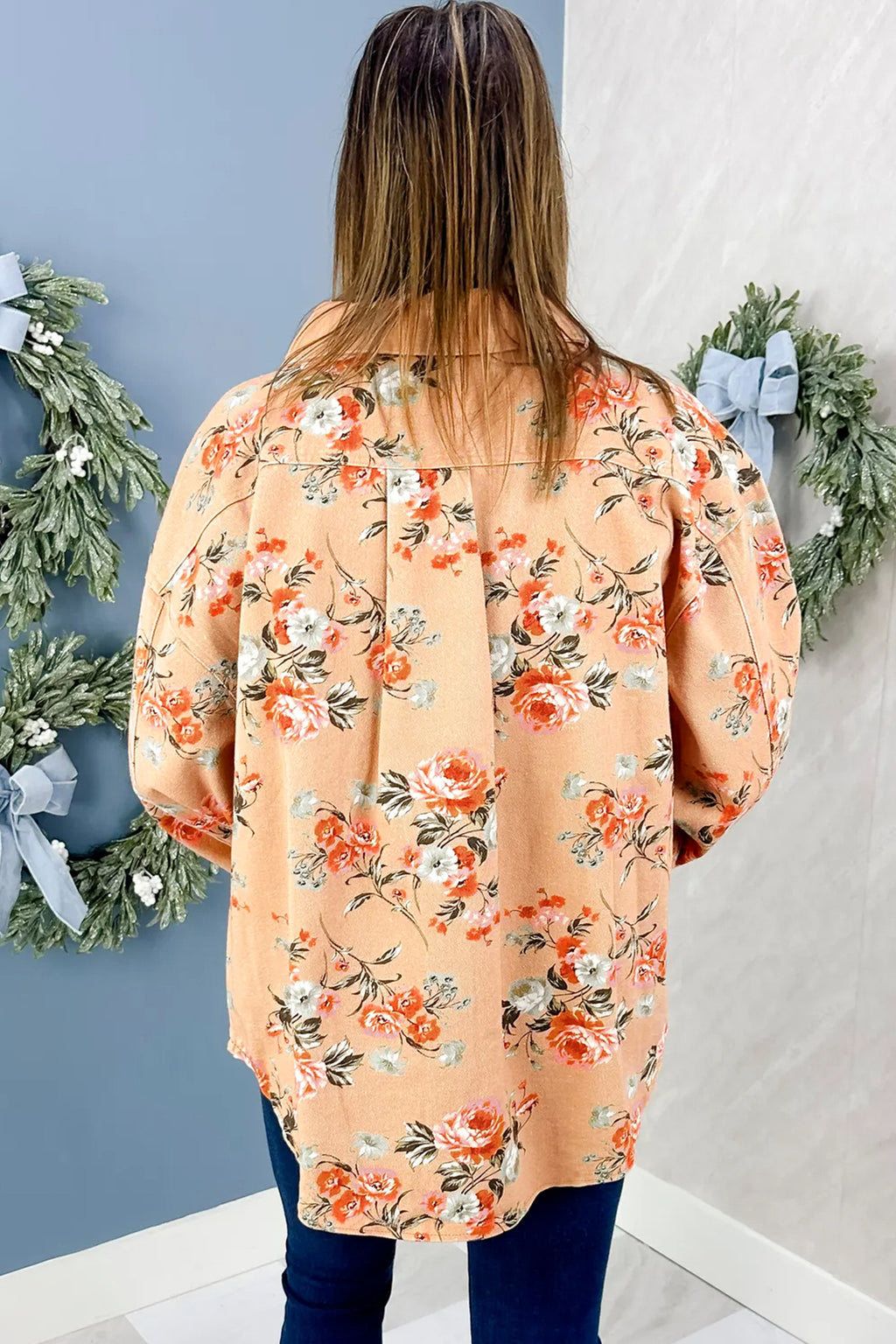 Khaki Floral Print Long Sleeve Denim Jacket Shift Silhouette Tunic Length Casual Daily Wear