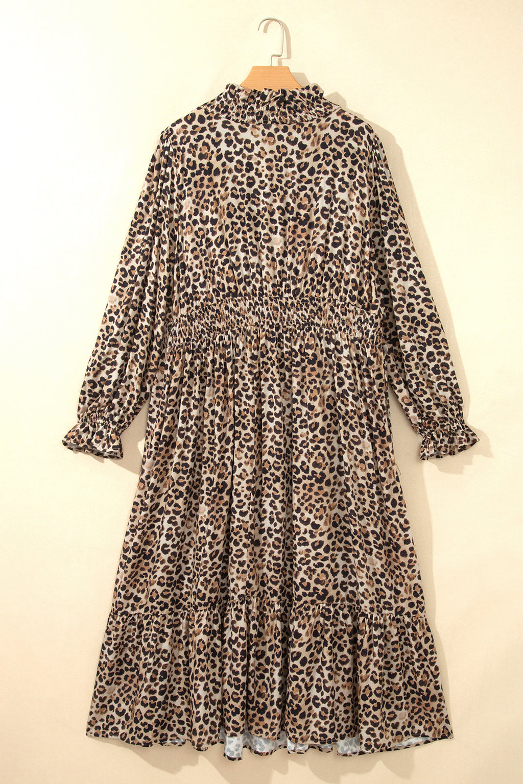 Brown Leopard Print V Neck Long Sleeve Gathered Waist Plus Size Dress
