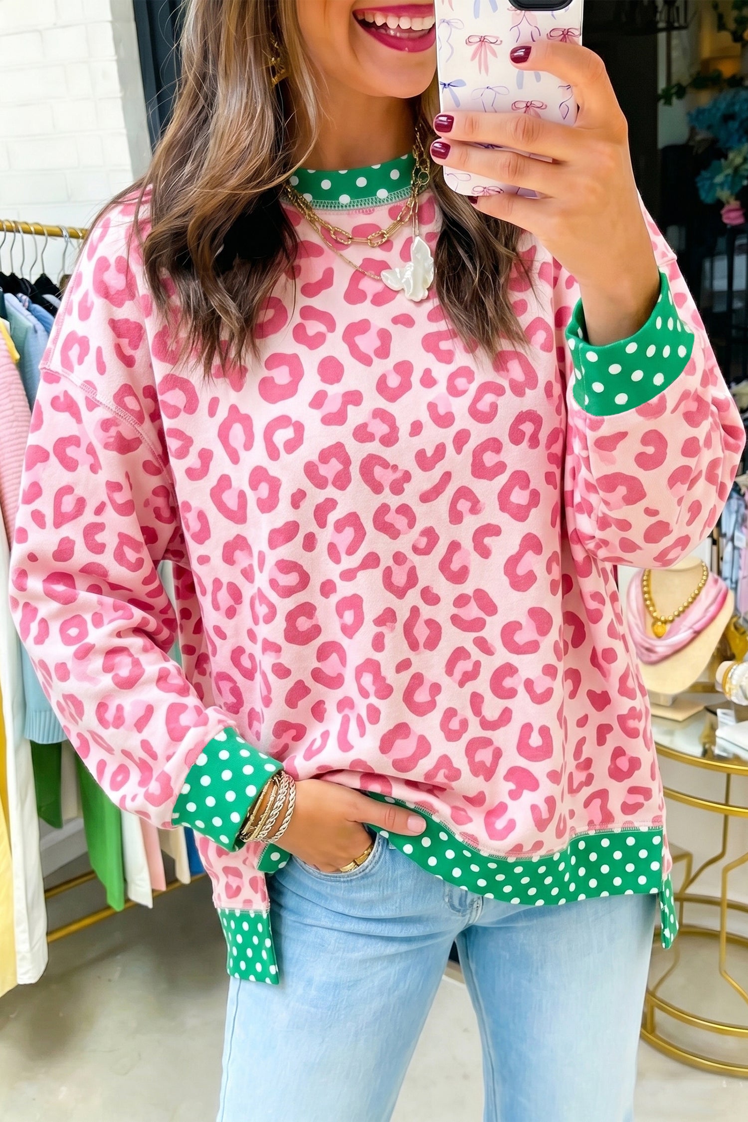 Brown Leopard Polka Dot Colorblock Trim Long Sleeve Top
