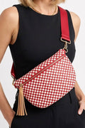 Fiery Red Checkered Woven PU Leather Crossbody Bag Adjustable Strap Large Size