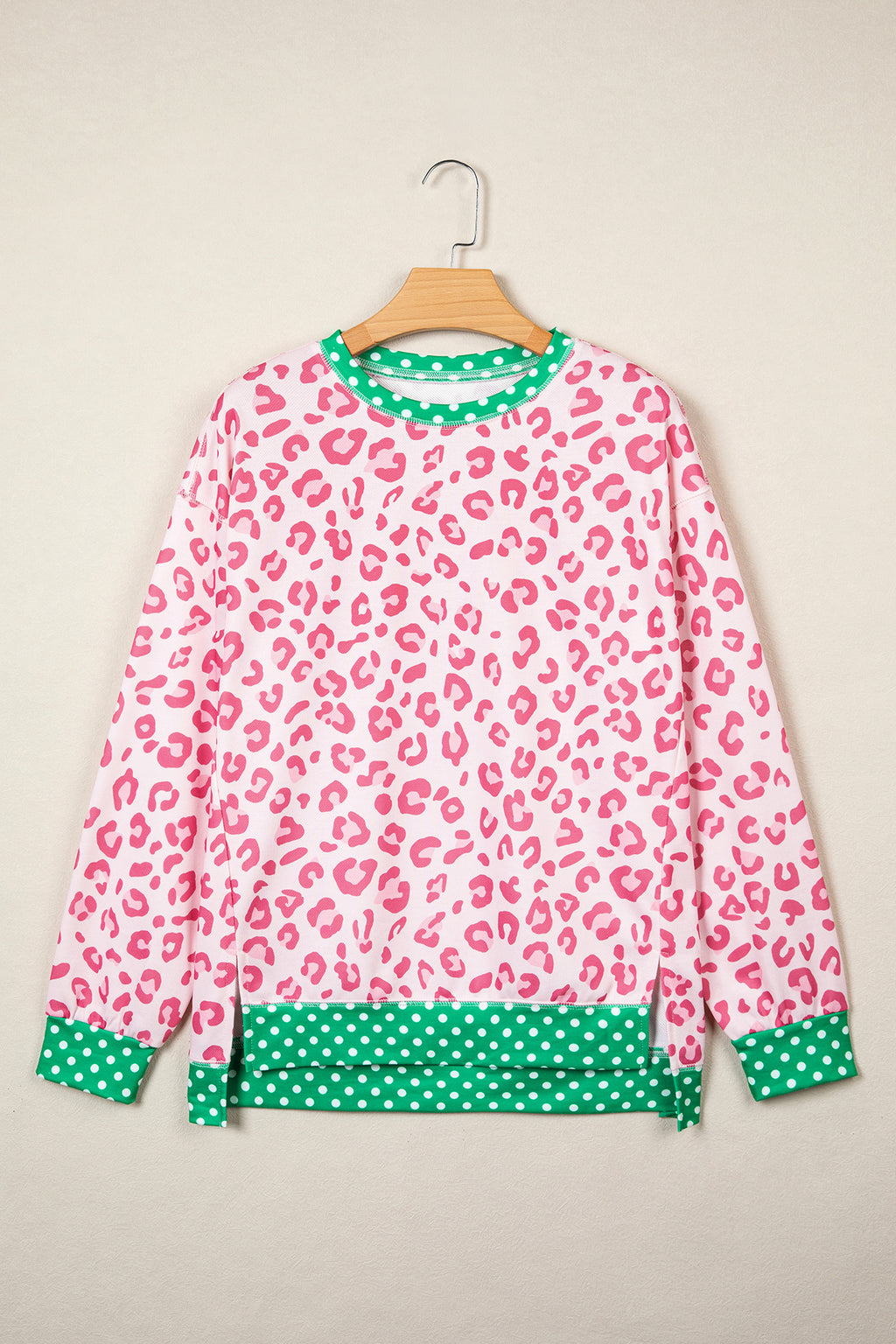 Brown Leopard Polka Dot Colorblock Trim Long Sleeve Top